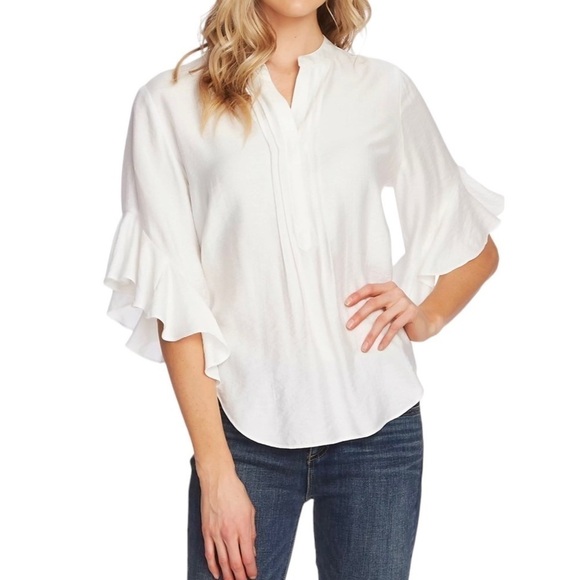 Vince Camuto Pintuck Detail Flutter Sleeve Rumple Satin Blouse White XS New - Picture 1 of 7